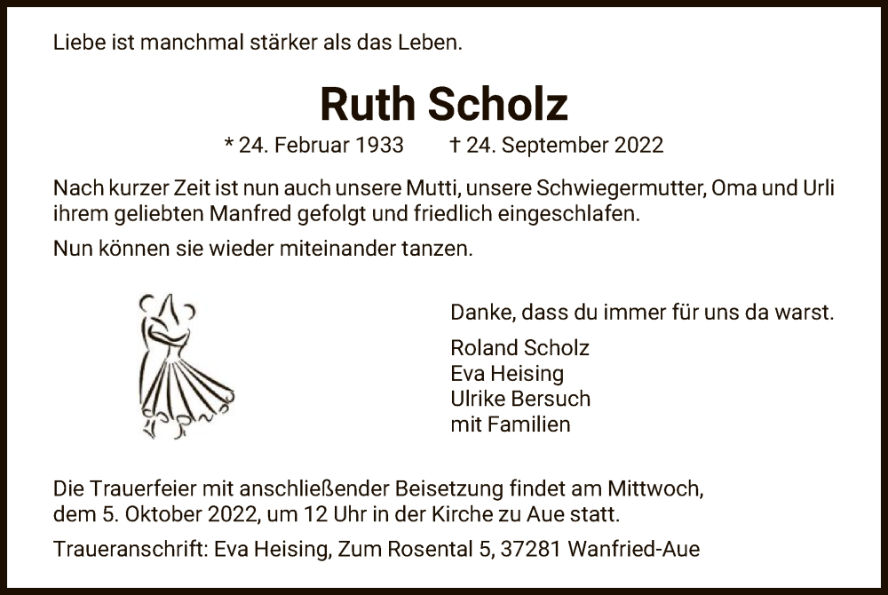  Traueranzeige für Ruth Scholz vom 30.09.2022 aus WRS
