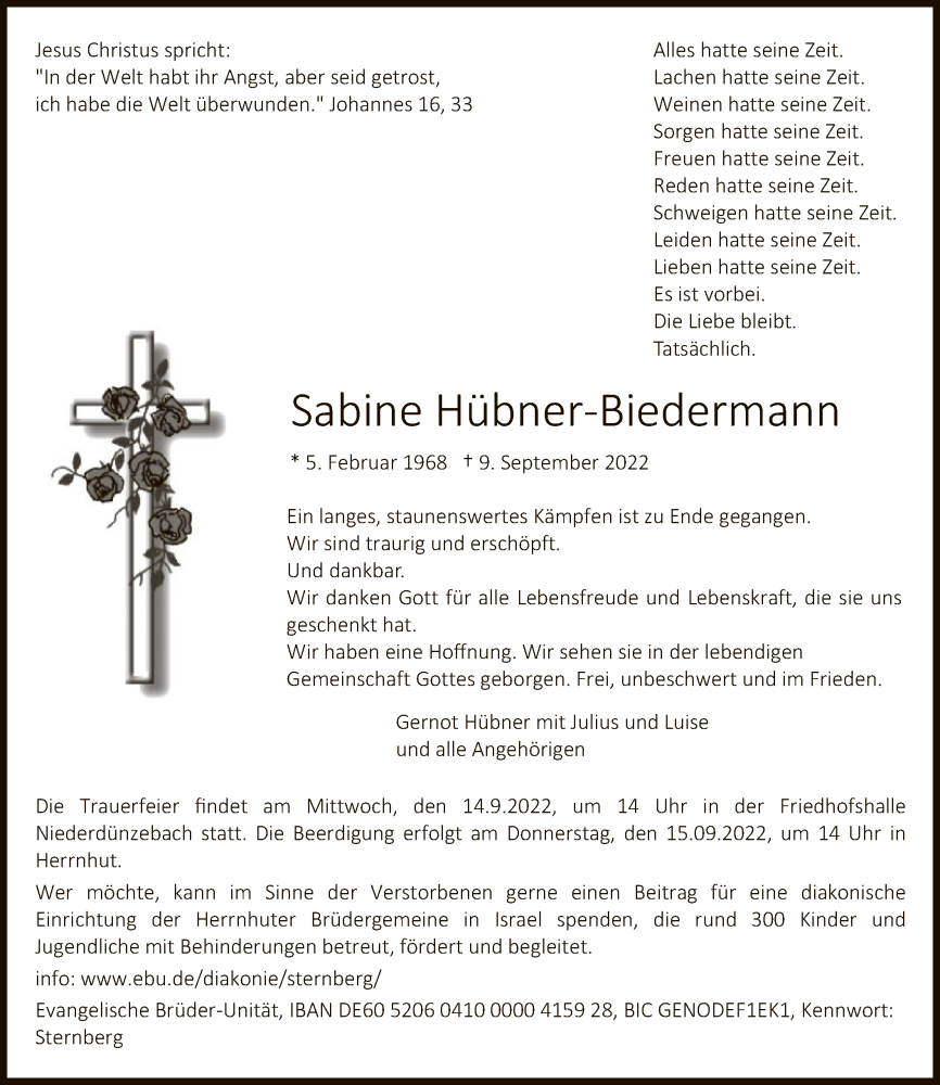  Traueranzeige für Sabine Hübner-Biedermann vom 13.09.2022 aus WRS