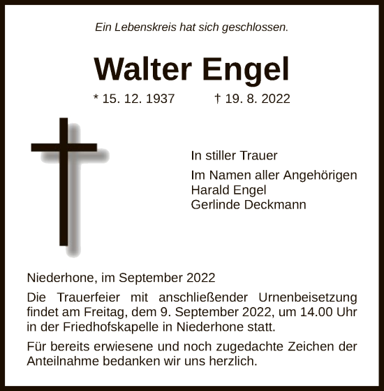 Traueranzeige von Walter Engel von WRS