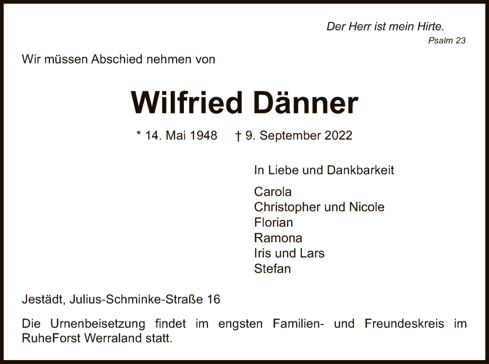  Traueranzeige für Wilfried Dänner vom 17.09.2022 aus WRS