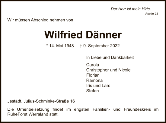 Traueranzeige von Wilfried Dänner von WRS