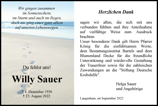 Traueranzeige von Willy Sauer von WRS