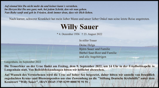 Traueranzeige von Willy Sauer von WRS