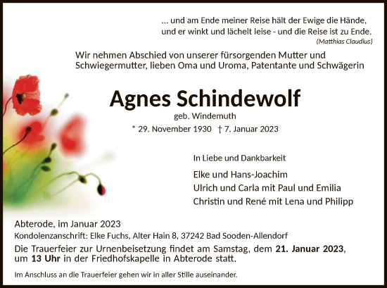 Traueranzeige von Agnes Schindewolf von WRS