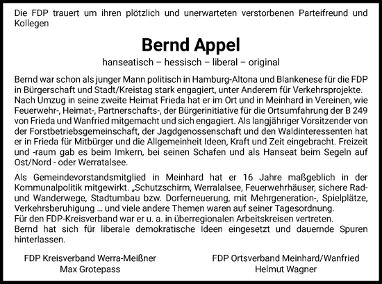 Traueranzeige von Bernd Appel von WRS