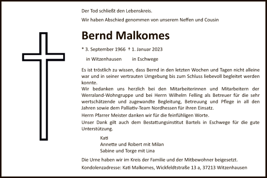 Traueranzeige von Bernd Malkomes von WRS