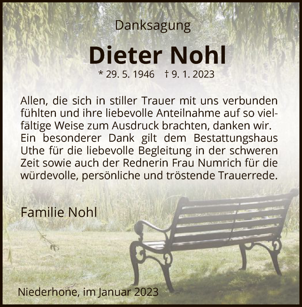  Traueranzeige für Dieter Nohl vom 28.01.2023 aus WRS