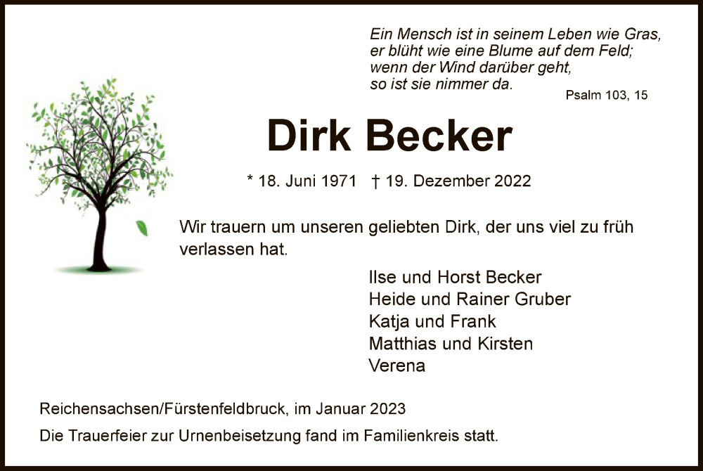  Traueranzeige für Dirk Becker vom 28.01.2023 aus WRS