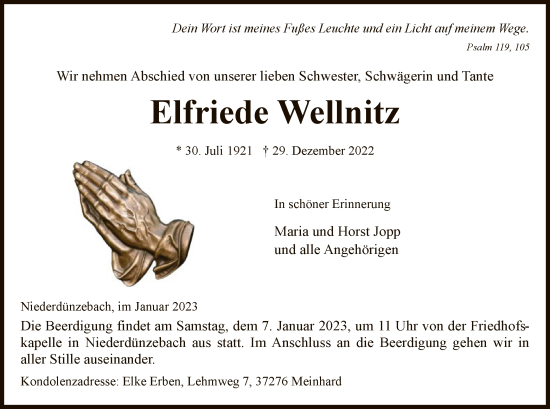 Traueranzeige von Elfriede Wellnitz von WRS