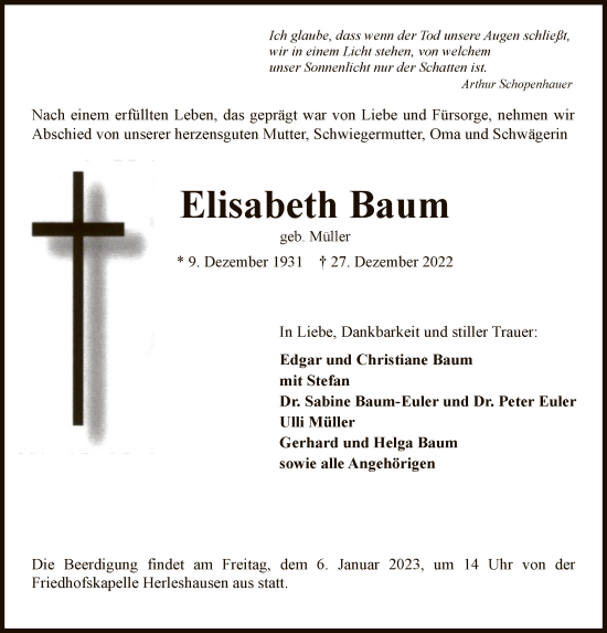 Traueranzeige von Elisabeth Baum von WRS