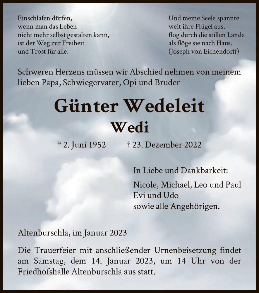  Traueranzeige für Günter Wedeleit vom 12.01.2023 aus WRS