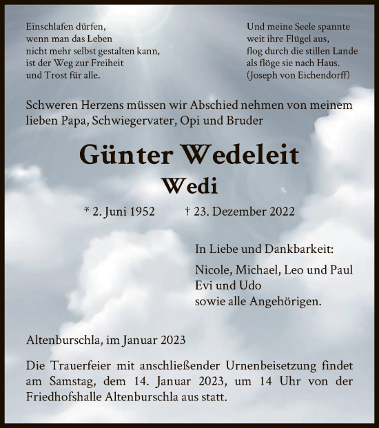 Traueranzeige von Günter Wedeleit von WRS