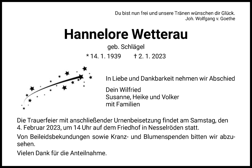  Traueranzeige für Hannelore Wetterau vom 28.01.2023 aus WRS