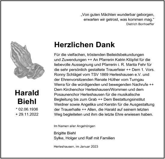 Traueranzeige von Harald Biehl von WRS