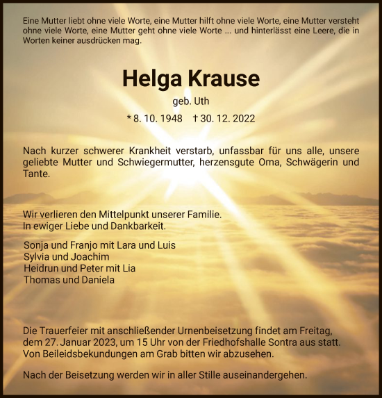 Traueranzeige von Helga Krause von WRS