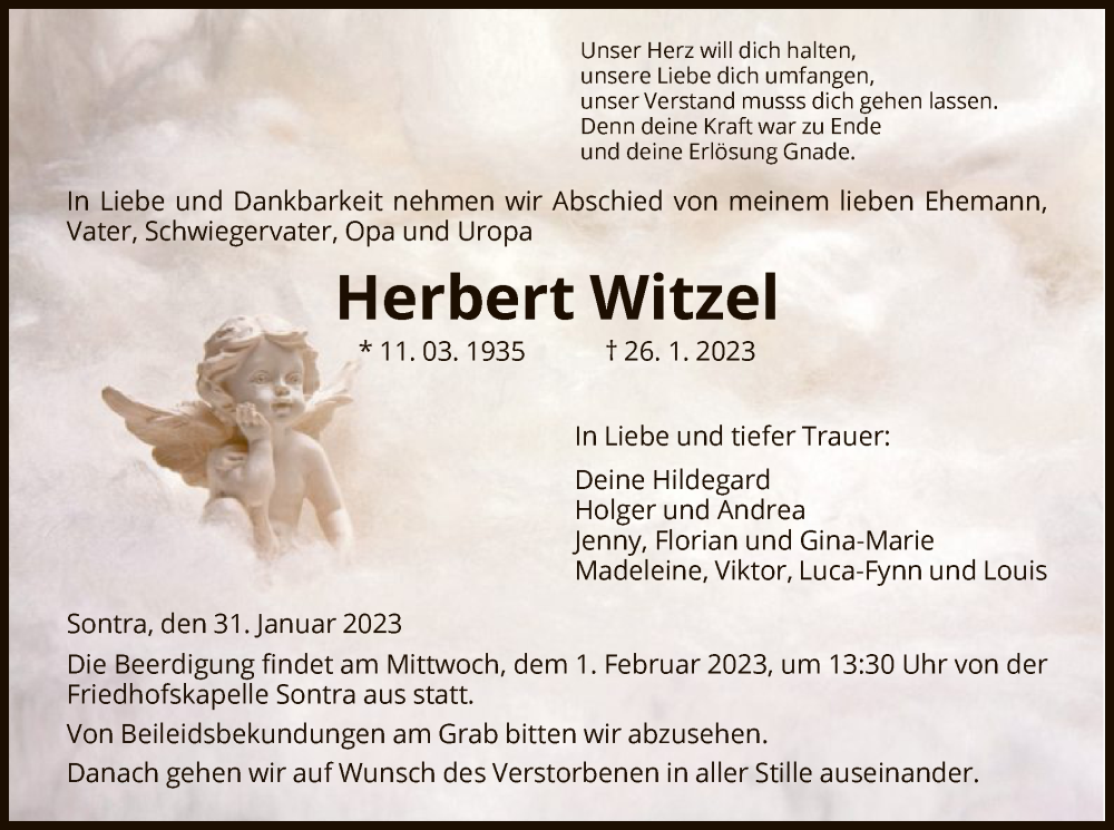  Traueranzeige für Herbert Witzel vom 31.01.2023 aus WRS