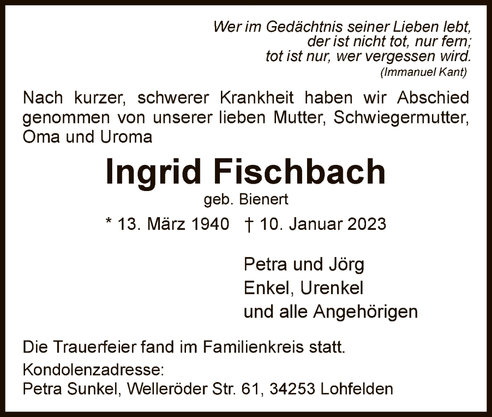  Traueranzeige für Ingrid Fischbach vom 14.01.2023 aus WRS