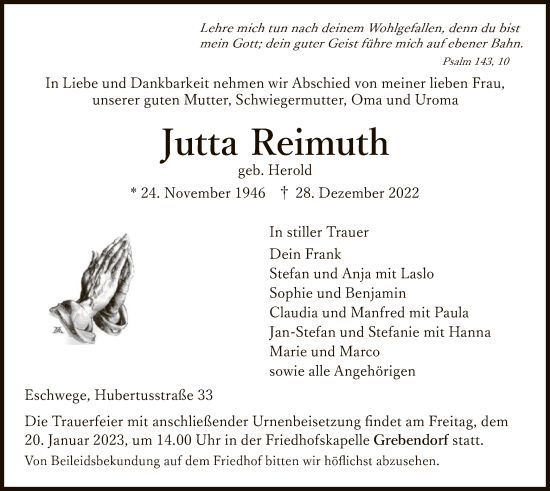 Traueranzeige von Jutta Reimuth von WRS