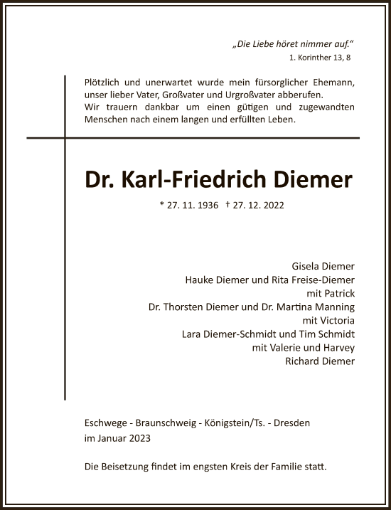 Traueranzeige von Karl-Friedrich Diemer von WRS