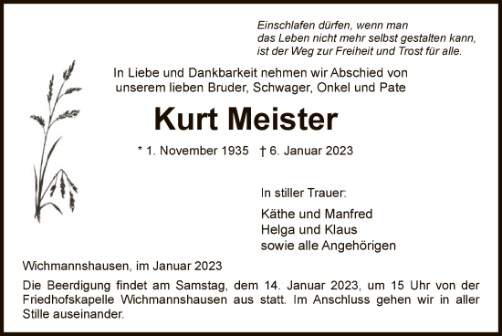 Traueranzeige von Kurt Meister von WRS