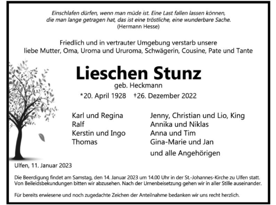 Traueranzeige von Lieschen Stunz von WRS