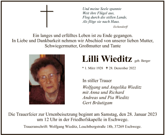 Traueranzeige von Lilli Wieditz von WRS