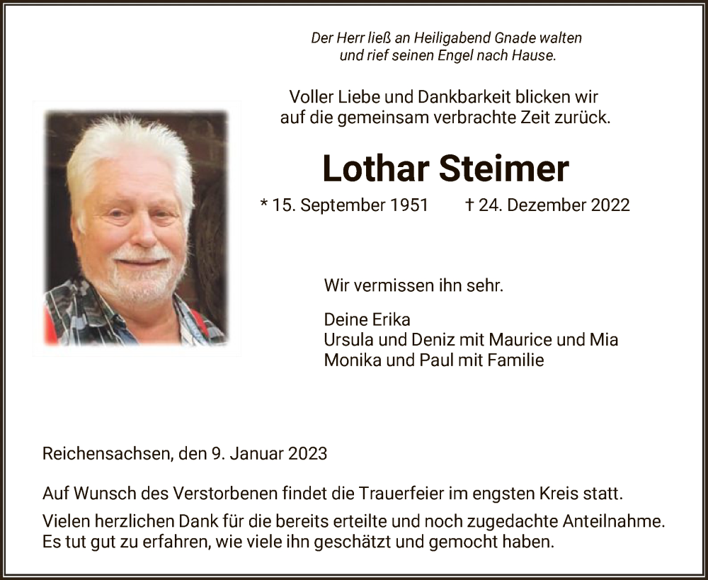  Traueranzeige für Lothar Steimer vom 09.01.2023 aus WRS
