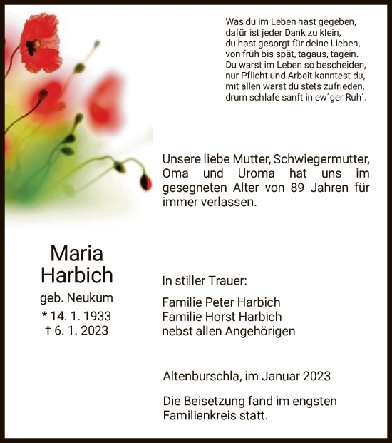 Traueranzeige von Maria Harbich von WRS