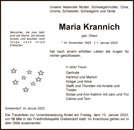 Traueranzeige von Maria Krannich von WRS