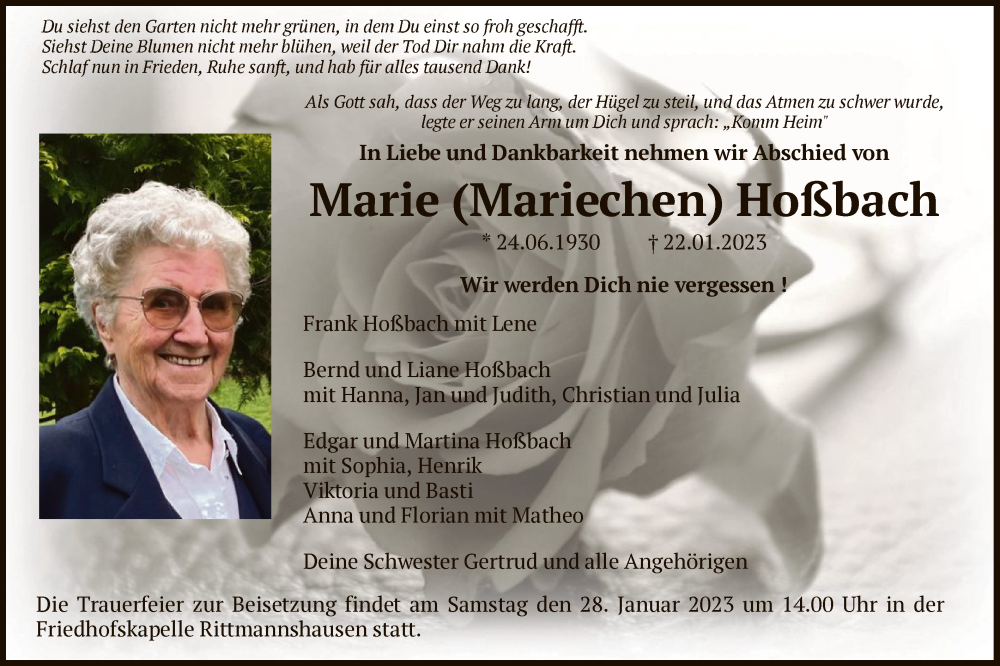  Traueranzeige für Marie Hoßbach vom 26.01.2023 aus WRS
