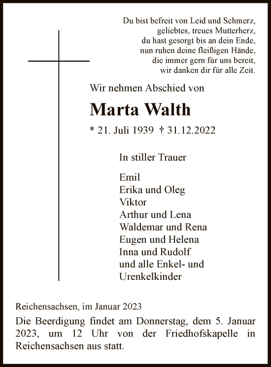 Traueranzeige von Marta Walth von WRS