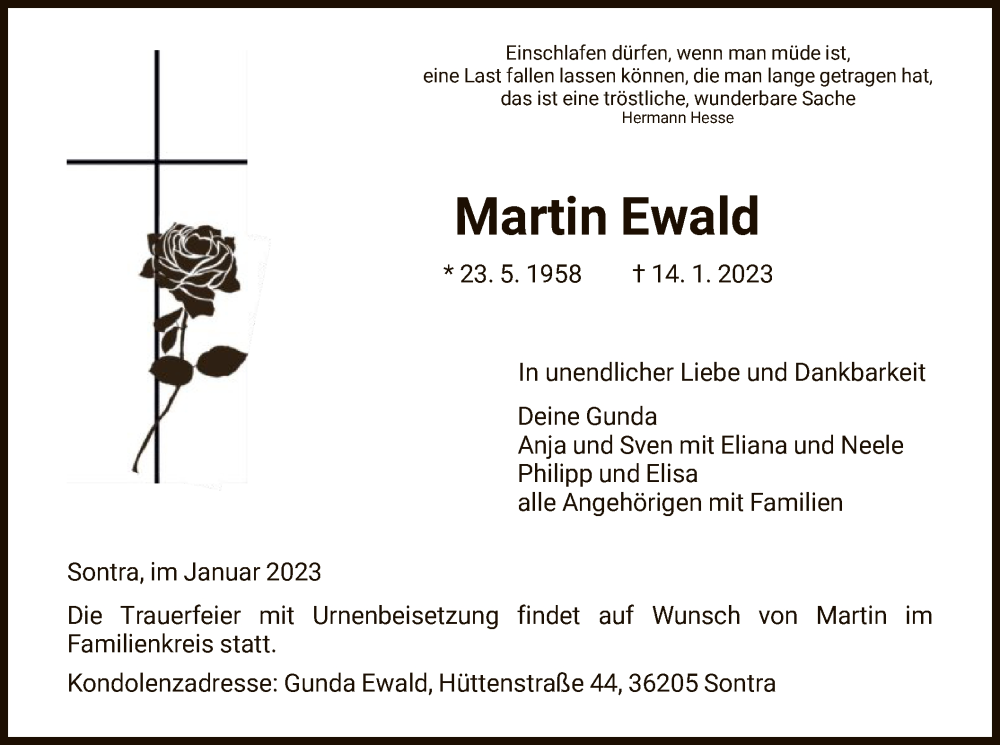  Traueranzeige für Martin Ewald vom 21.01.2023 aus WRS