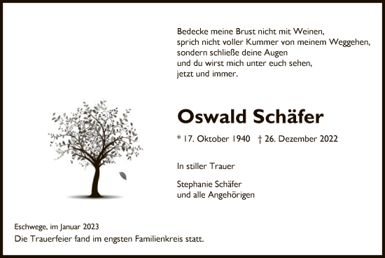 Traueranzeige von Oswald Schäfer von WRS