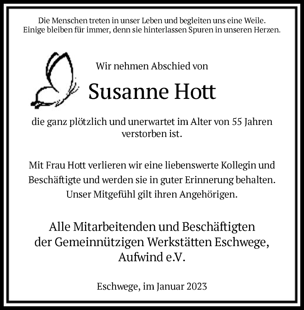  Traueranzeige für Susanne Hott vom 07.01.2023 aus WRS