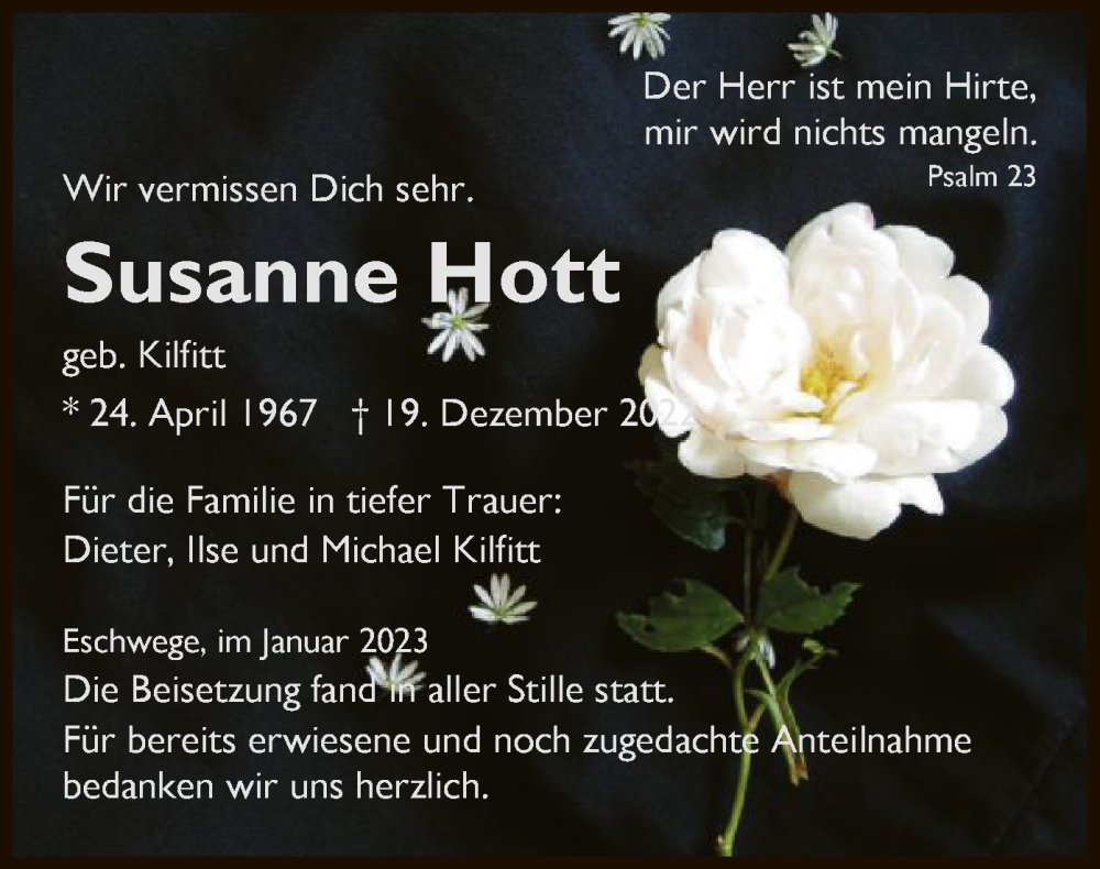  Traueranzeige für Susanne Hott vom 14.01.2023 aus WRS