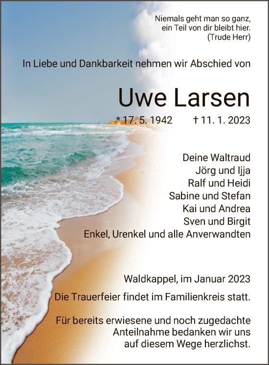 Traueranzeige von Uwe Larsen von WRS