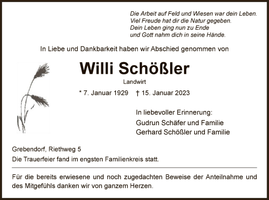 Traueranzeige von Willi Schößler von WRS