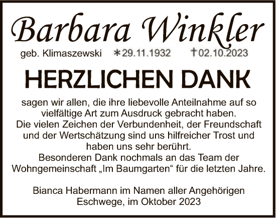 Traueranzeige von Barbara Winkler von WRS