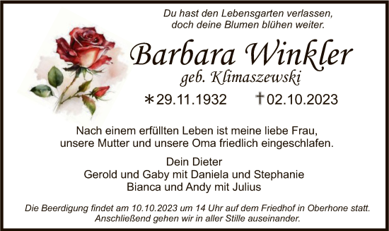 Traueranzeige von Barbara Winkler von WRS