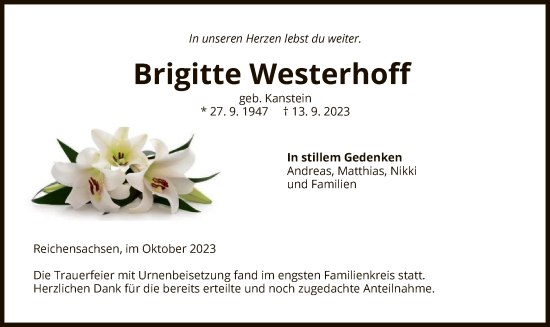 Traueranzeige von Brigitte Westerhoff von WRS