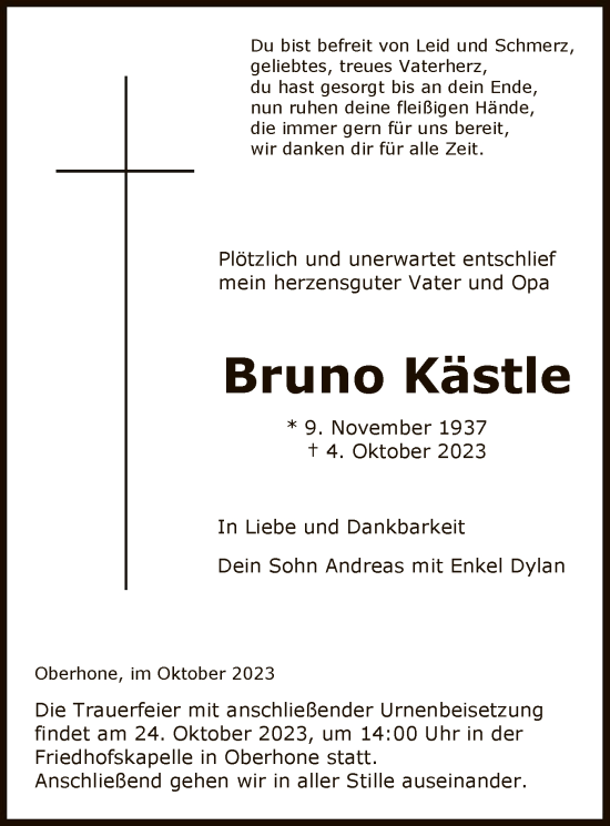 Traueranzeige von Bruno Kästle von WRS