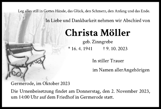 Traueranzeige von Christa Möller von WRS