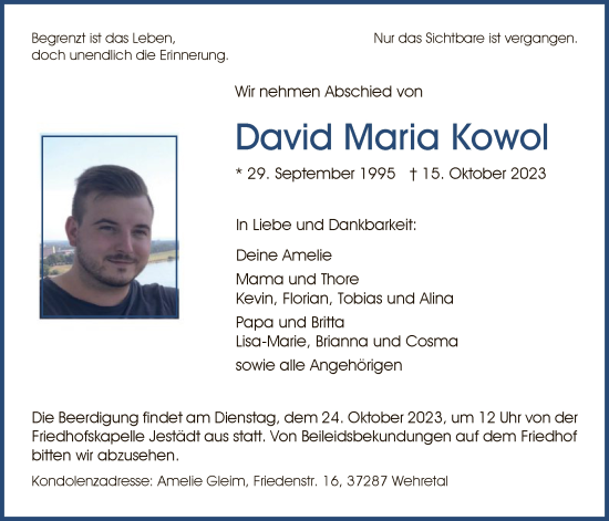 Traueranzeige von David Maria Kowol von WRS