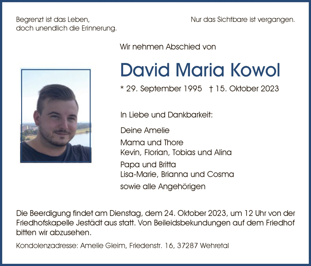  Traueranzeige für David Maria Kowol vom 19.10.2023 aus WRS