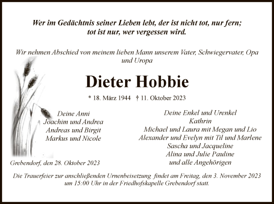 Traueranzeige von Dieter Hobbie von WRS