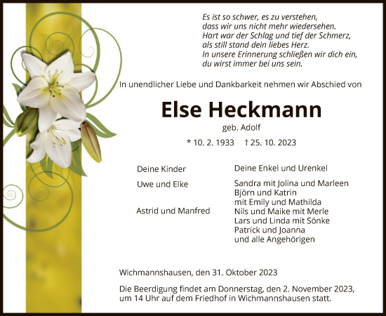 Traueranzeige von Else Heckmann von WRS