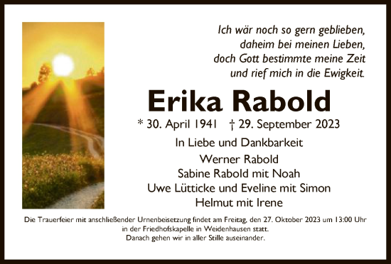 Traueranzeige von Erika Rabold von WRS