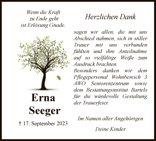 Traueranzeige von Erna Seeger von WRS