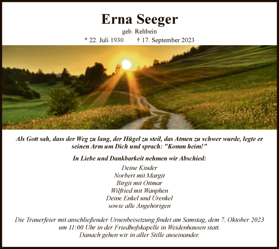 Traueranzeige von Erna Seeger von WRS