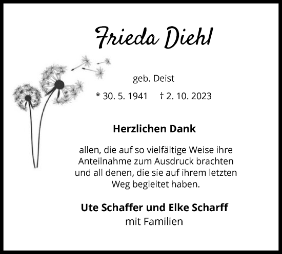 Traueranzeige von Frieda Diehl von WRS